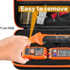 An orange electrical testing tool is being removed from its storage case, demonstrating easy removal.