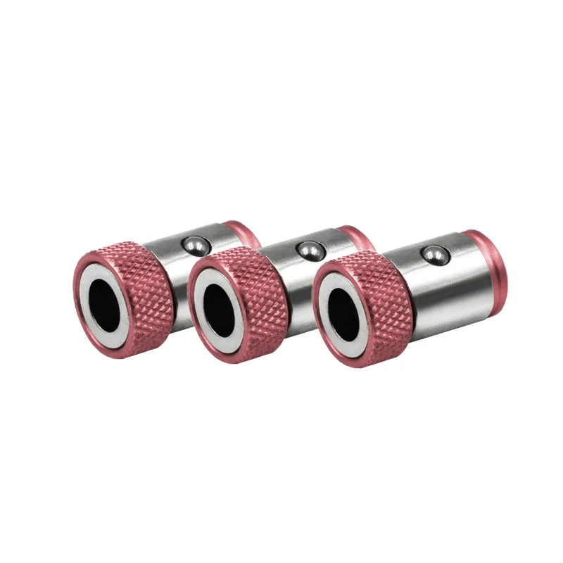 Ein Set aus drei magnetischen Schraubendreherhalter mit rosa strukturierten Griffen und silbernen Metallstiften.