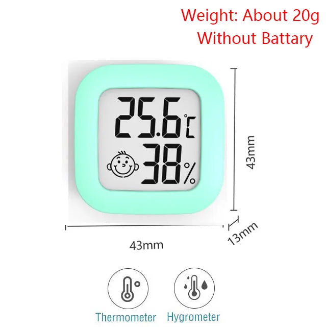 A light green digital thermometer and hygrometer with a 43mm size and a display showing 25.6°C and 38% humidity.