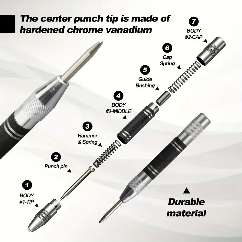 A diagram showing the components of a heavy duty automatic center punch tool, including the tip, body, and spring.