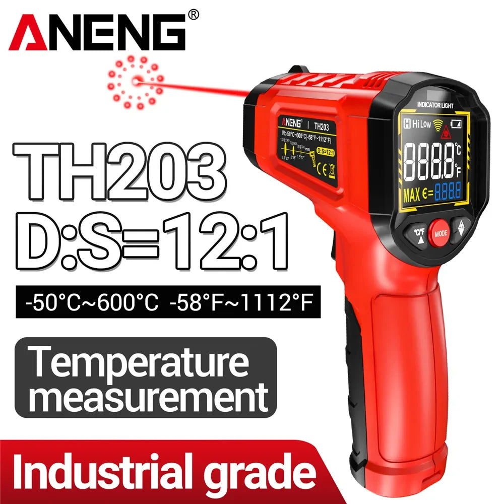 Red ANENG TH203 industrial grade infrared thermometer measuring temperature