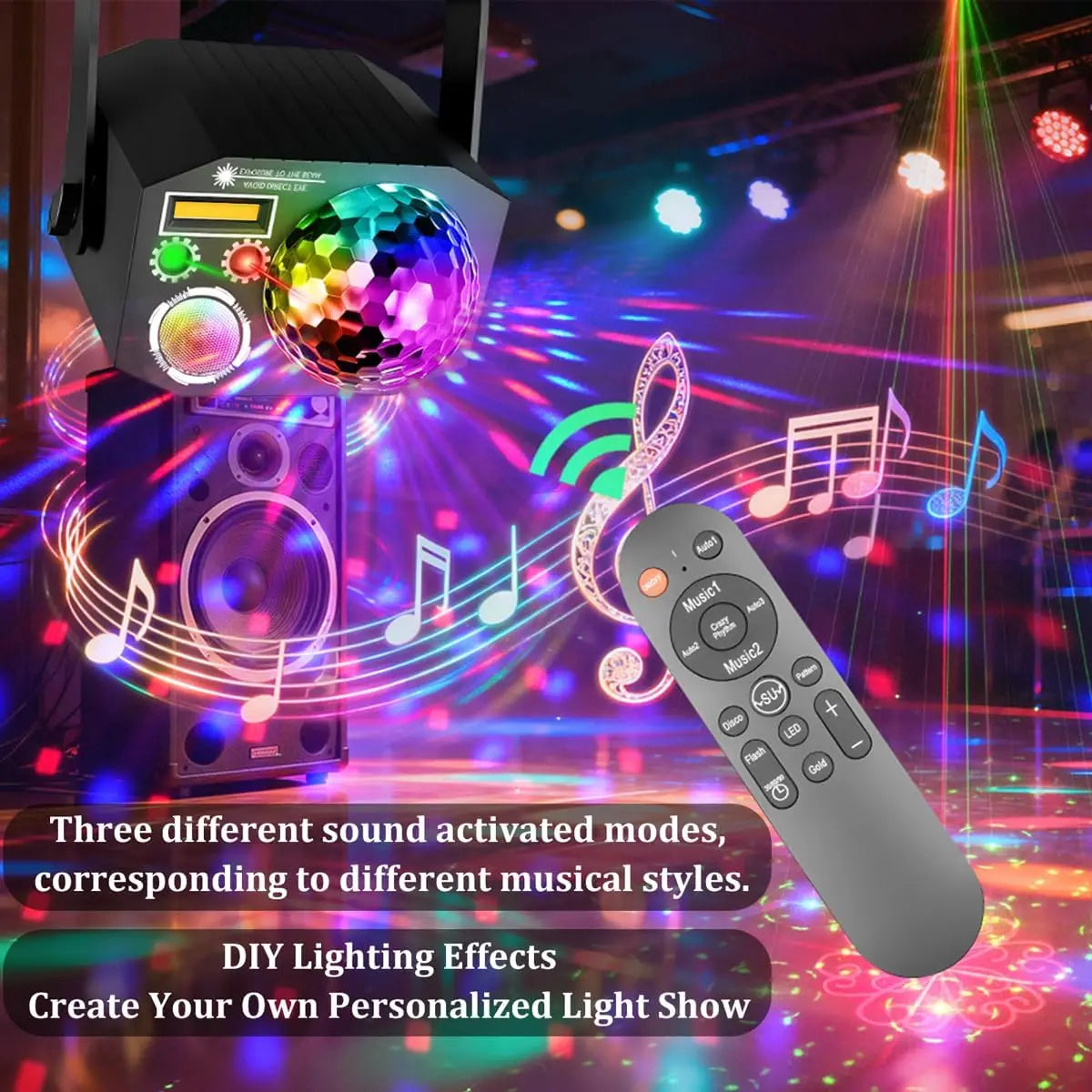 A black speaker with a disco ball light is shown next to a remote control for DIY lighting effects.