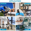 Application photos showing reusable nylon cable ties used for water pipe fixing, wire storage, and factory work.