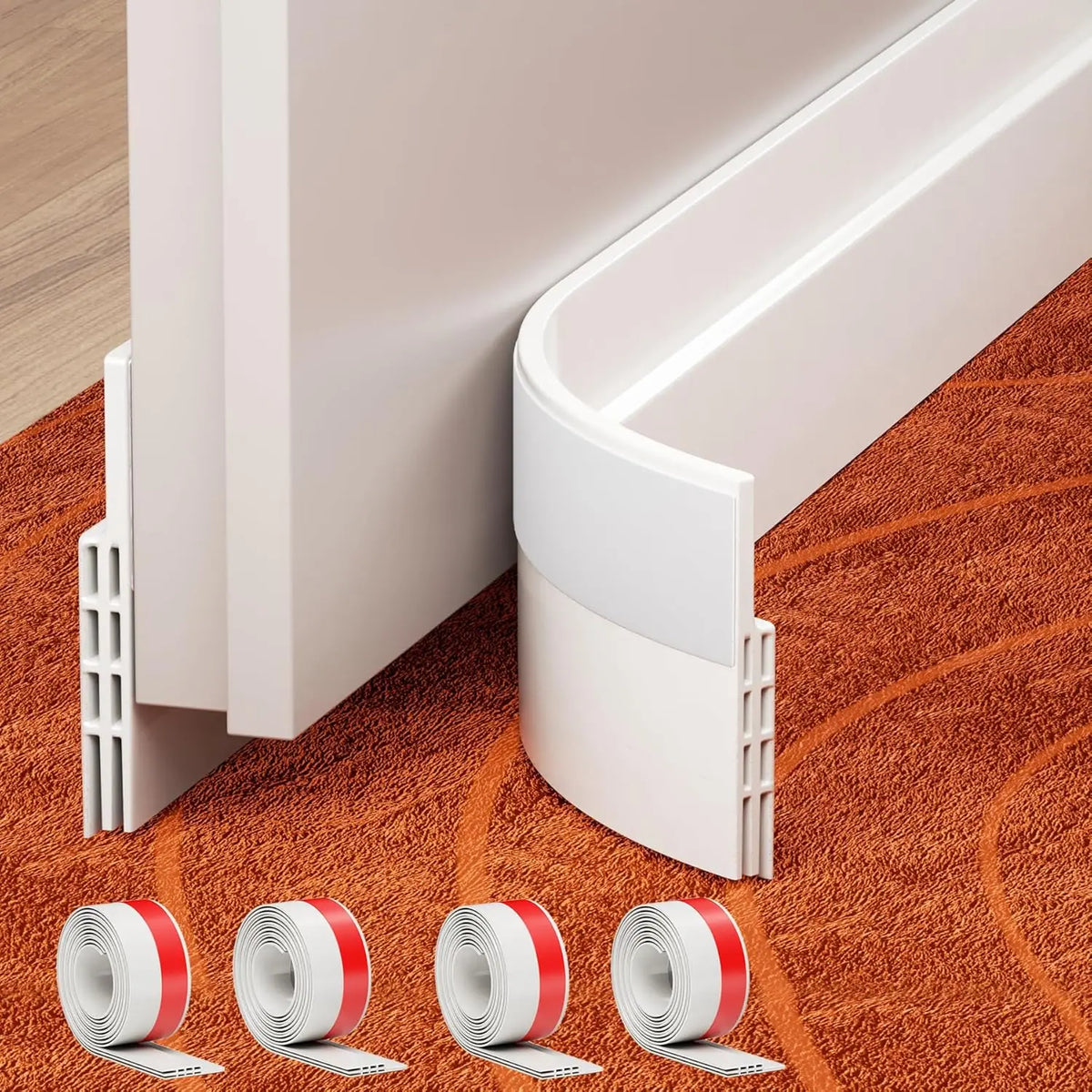 White door draft stopper weather stripping seal installed on a wooden door frame with rolls of sealing material nearby.