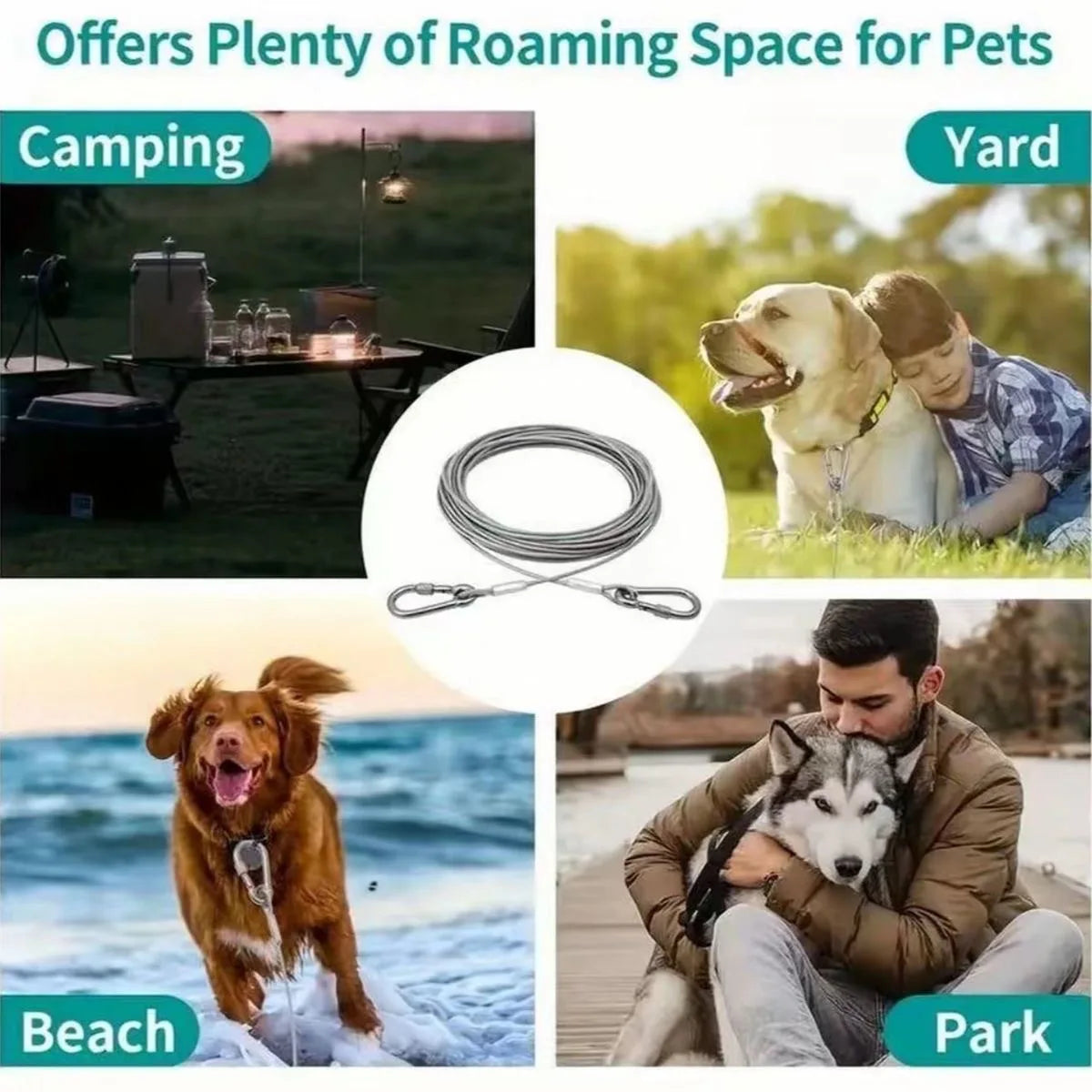 A versatile stainless steel clothesline rope is shown in various outdoor settings including camping, yard, beach, and park.
