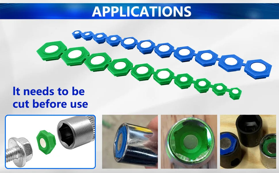 A magnetic socket insertion tool kit showing various components including a socket, ring, and other tools.
