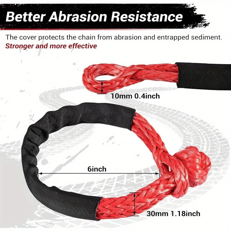 Red synthetic winch rope with black coating shown in a twisted form, demonstrating better abrasion resistance.