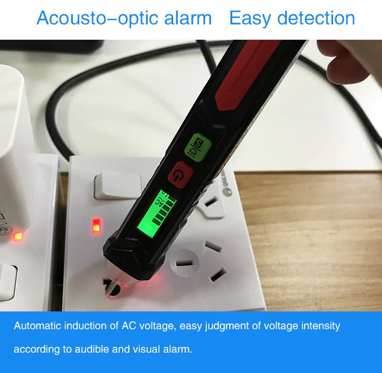 A non-contact AC voltage detector device with an LED and a green digital display is shown on a white surface.