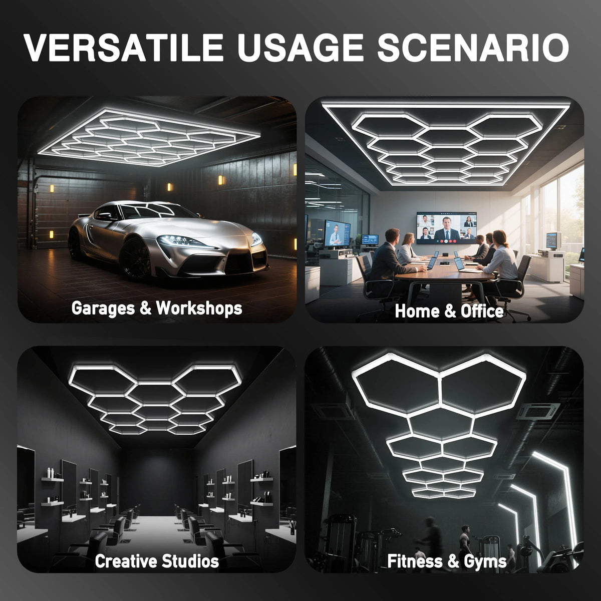 Versatile usage scenarios showing hexagonal LED ceiling lights in garages, home offices, studios, and gyms.