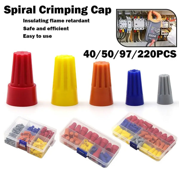 A collection of spiral crimping caps in various colors including red, yellow, orange, and blue, shown alongside packaged sets