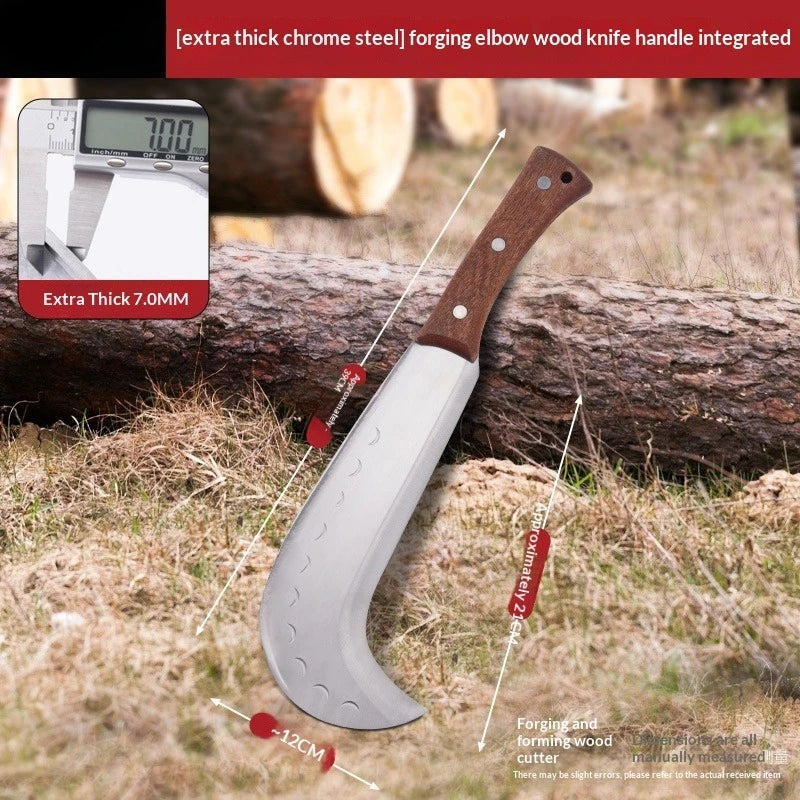 A close-up of a knife handle featuring extra thick chrome steel and a forging elbow integrated into a wood grip.