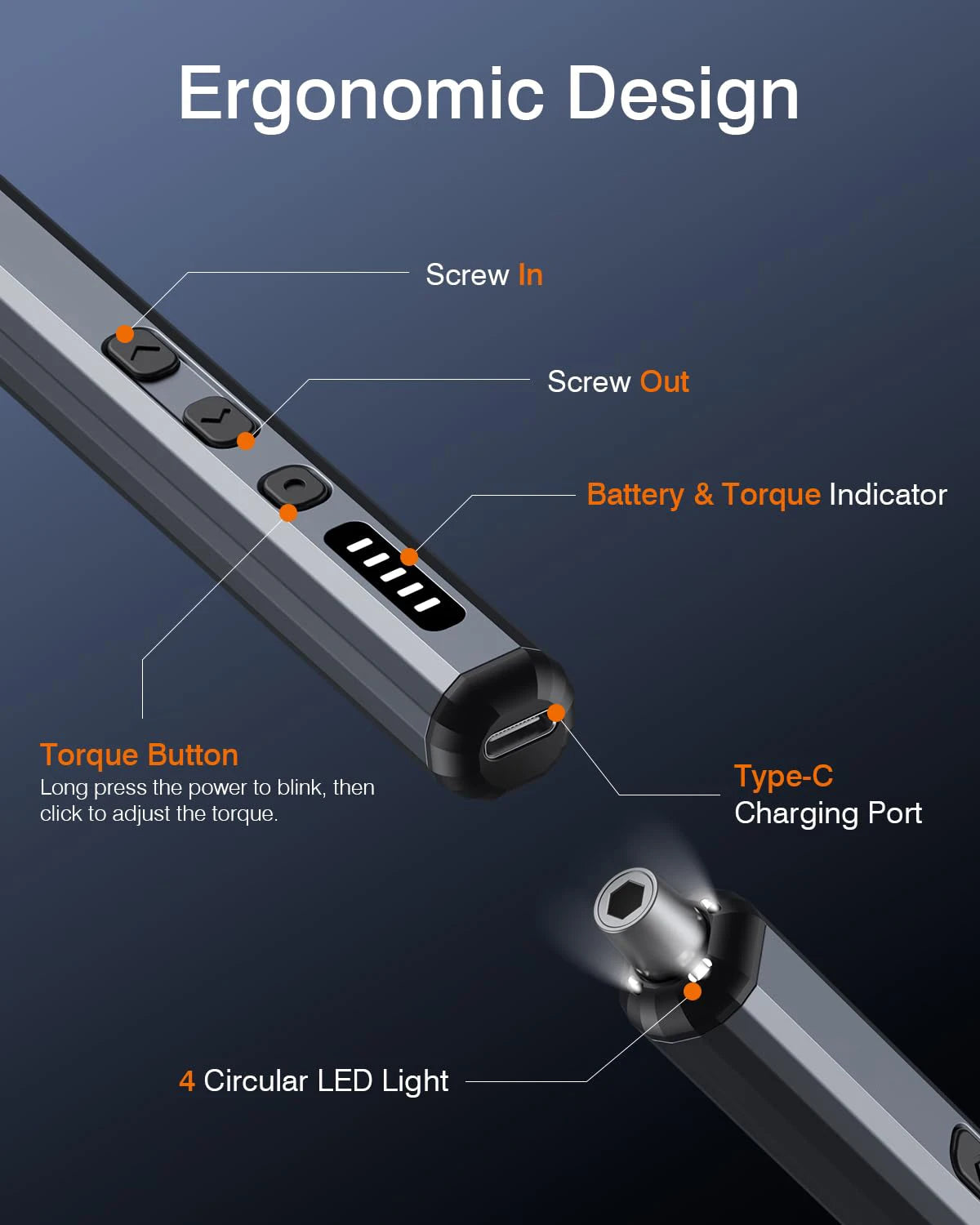 Gros plan d'un tournevis électrique ergonomique montrant la vis insérée, retirée, l'indicateur de batterie, le bouton de coup