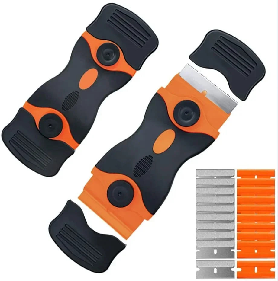 A pair of dual-purpose razor scrapers for glass and adhesive removal shown in black and orange.