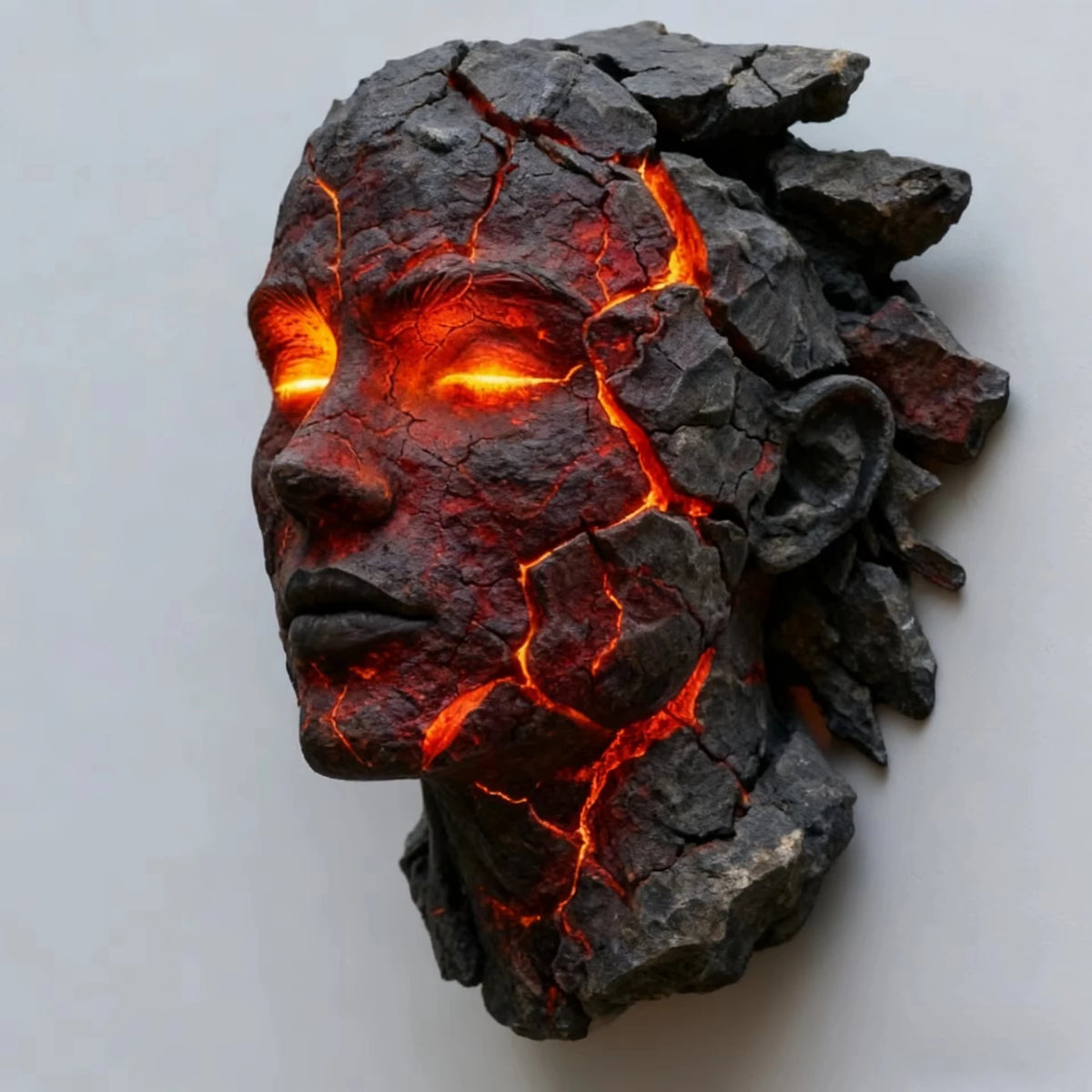A dark, cracked resin sculpture of a human head glowing with internal orange and red light.