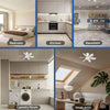A collection of interior spaces including a bedroom, kitchen, basement, and laundry room.