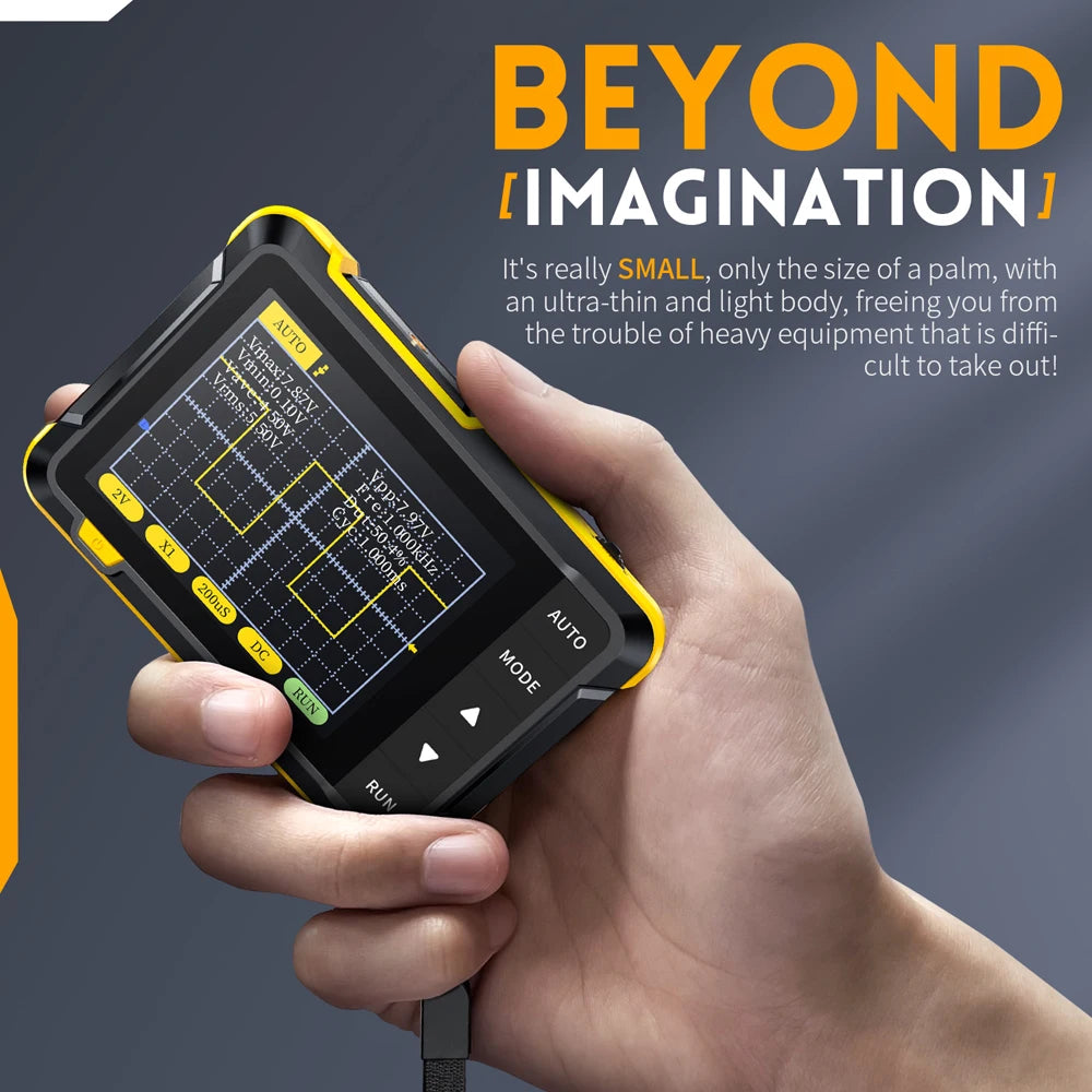 A hand holds a small yellow digital oscilloscope device displaying a waveform on a dark screen.