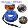 Blue synthetic tow strap coiled on a black strap, shown next to images of off-road vehicles.