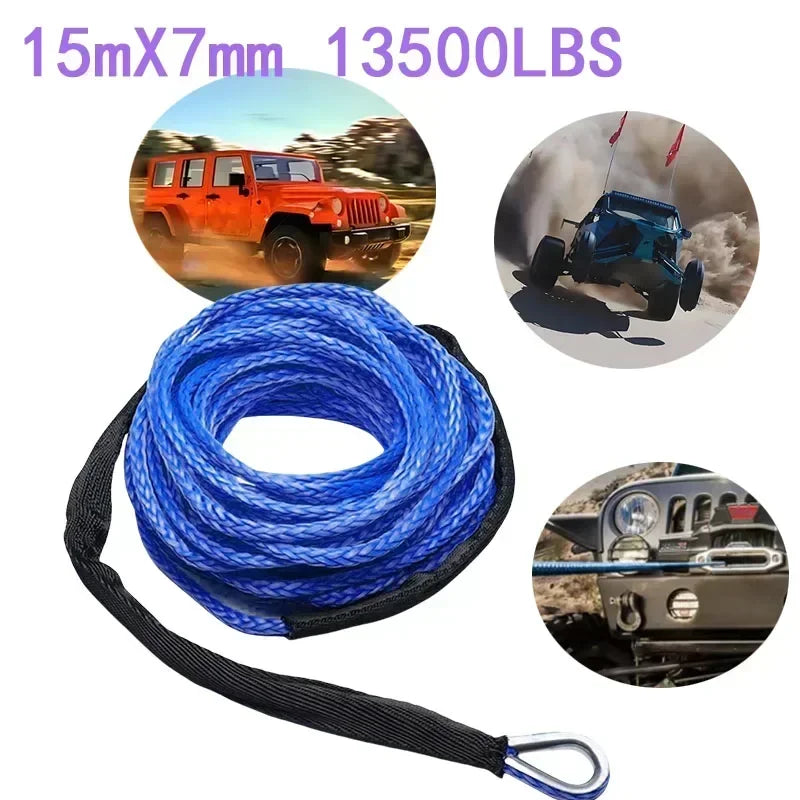 Blue synthetic tow strap coiled on a black strap, shown next to images of off-road vehicles.