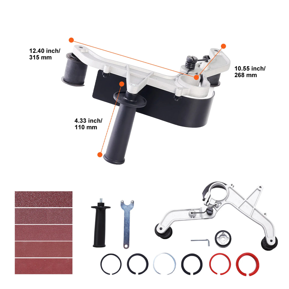 Universal belt sander adapter kit showing various sizes and components for angle grinders.
