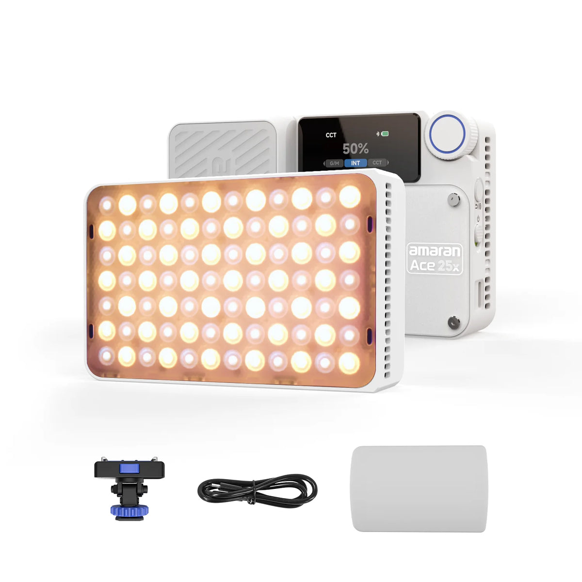 A compact white light panel with multiple circular LEDs and an accompanying camera module.