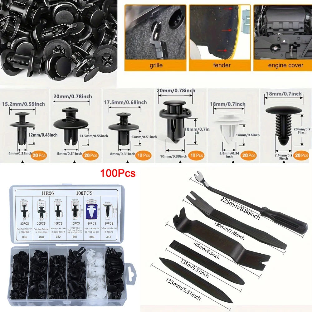 Collection de clips de fixation pour carrosserie et pare-chocs, de différentes tailles et types.