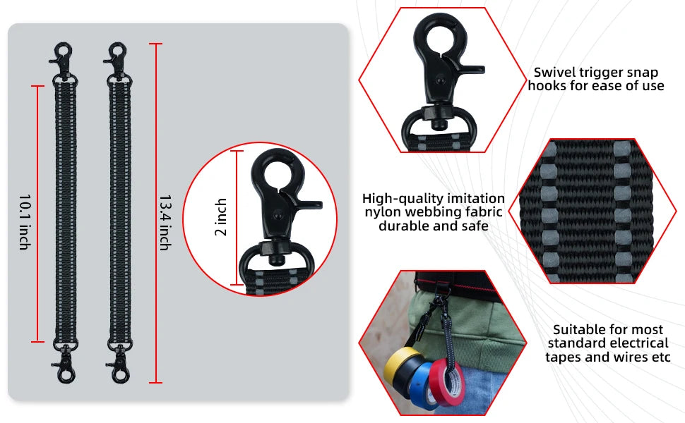 Adjustable electrical tape holder with swivel trigger snap hooks for easy use and durable nylon webbing fabric