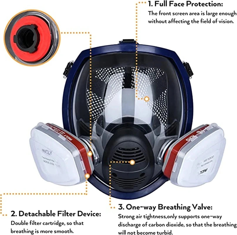 Industrial chemical gas respirator with blue and black facepiece and detachable filter cartridges