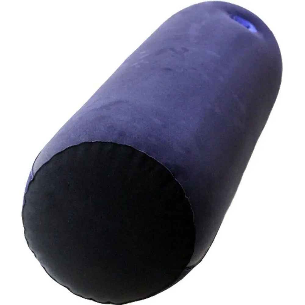 Almohada inflable de silicona azul oscuro con plumón, base negra y una pequeña luz azul.