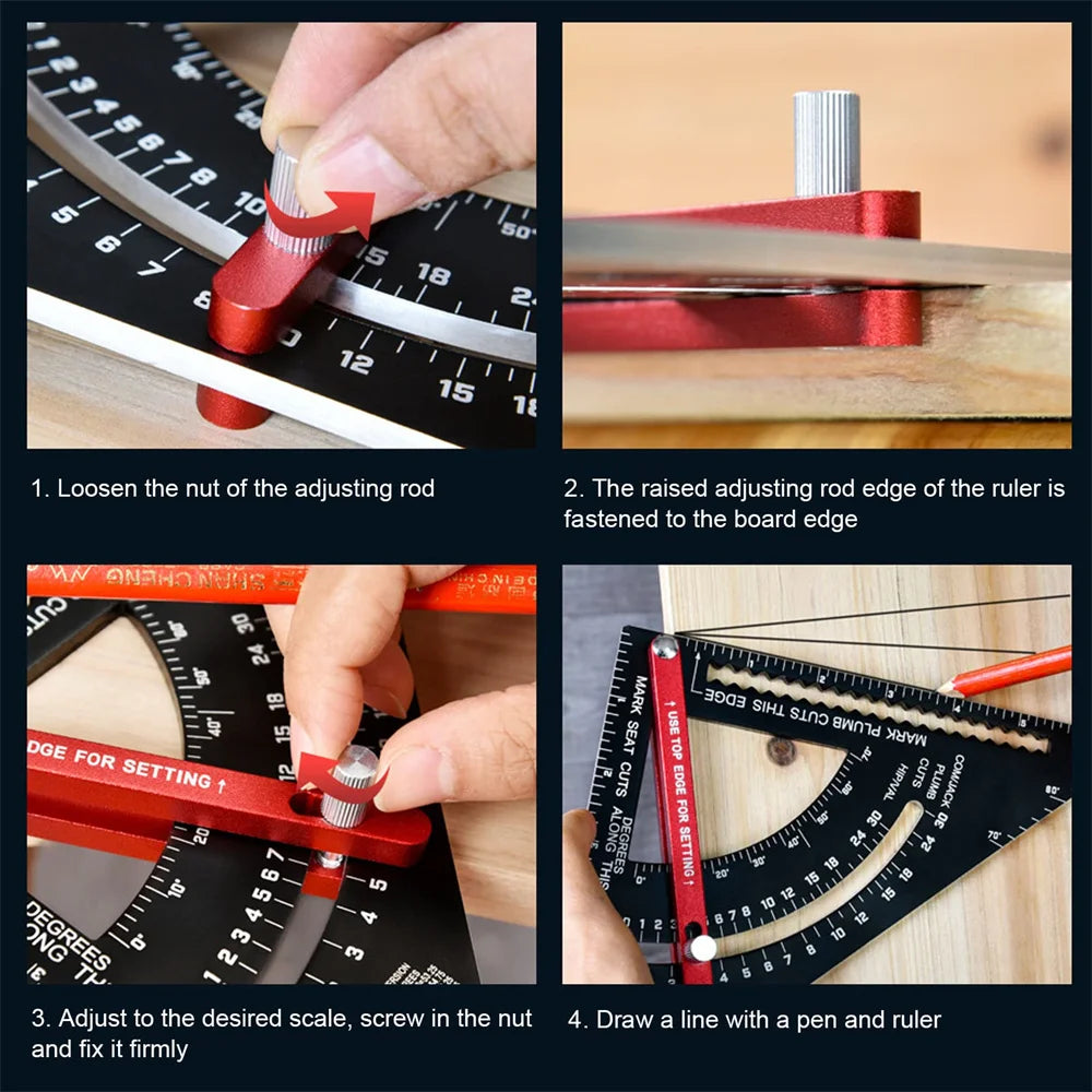 Step-by-step instructions showing how to fasten and adjust the edge of a precision aluminum angle measuring ruler.