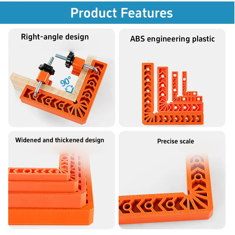 Orange right-angle woodworking positioner made of ABS plastic with a precise scale and widened design.
