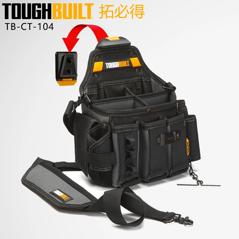 حقيبة تخزين أدوات سوداء من ToughBuilt مع لمسة برتقالية، مفتوحة وبحزام.