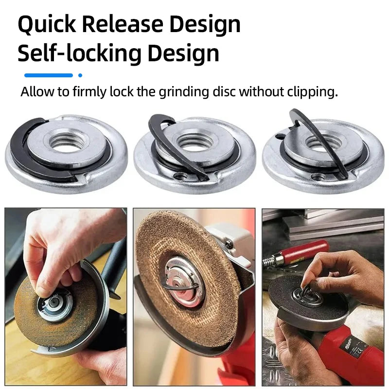 A close-up view of a universal self-locking design for a grinding disc, showing the mechanism and pressing plate.