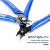 Blue universal diagonal pliers with black jaws showing carbon steel hardening treatment.