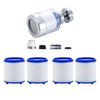 A set of 360° rotating water filters and white filter cartridges for faucets.