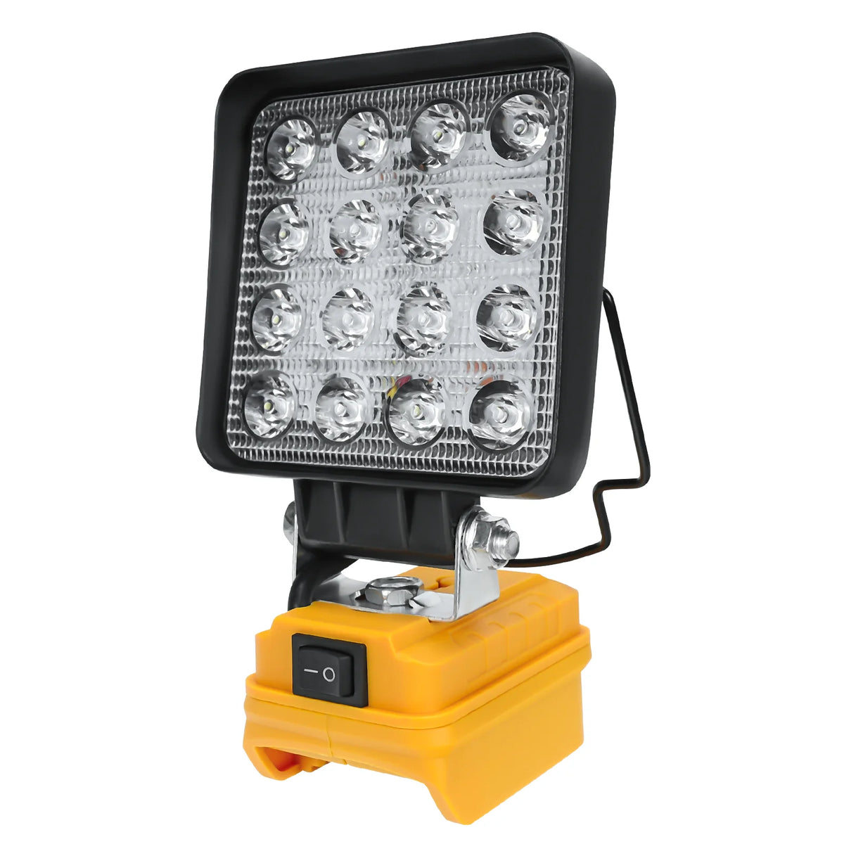 A black LED work light is mounted on a yellow battery pack for illuminating power tools.