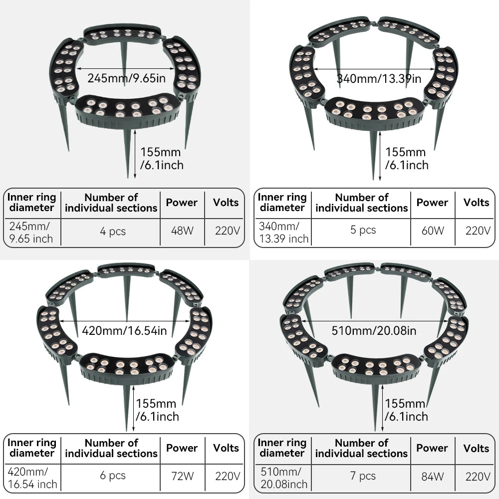 Four variations of waterproof LED tree hugging path lights showing different ring diameters and section counts
