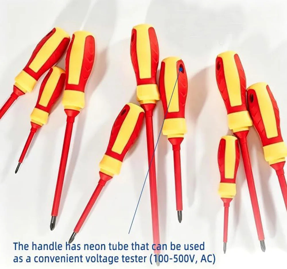 A set of red and yellow magnetic screwdrivers with neon tubes used as a convenient voltage tester.