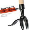 A close-up view of a heavy-duty foot platform tool with a wooden handle and black gripping fingers for pulling weeds.