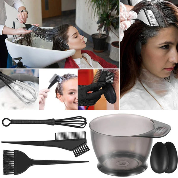 Sammlung professioneller Haarfärbemischwerkzeuge, einschließlich Schüsseln, Spatel und Pinsel zum Mischen von Haarfarbe.