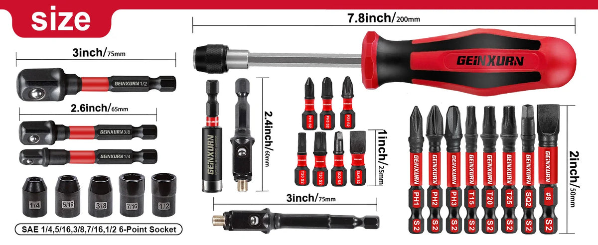 A set of magnetic interchangeable screwdrivers in black and red, including various sizes and tips.