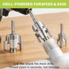 A drill-powered forspeed tool is shown cutting a pipe thread quickly and easily.