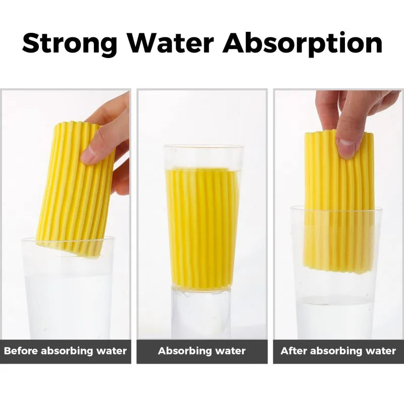 Demonstration of a yellow PVA absorbent cleaning sponge absorbing water in a glass.
