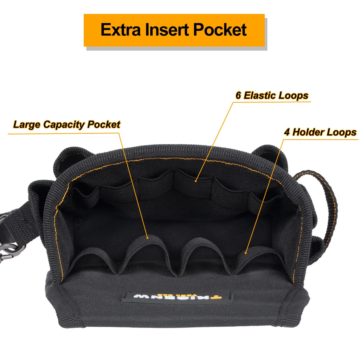 Black utility tool belt featuring an extra insert pocket, large capacity pockets, and six elastic loops.