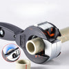 A close-up view of a precision ratchet pipe cutter tool with a silver and black finish, showing the cutting mechanism.