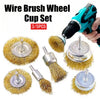 A set of three wire brush wheels and a power tool for rust removal and polishing.