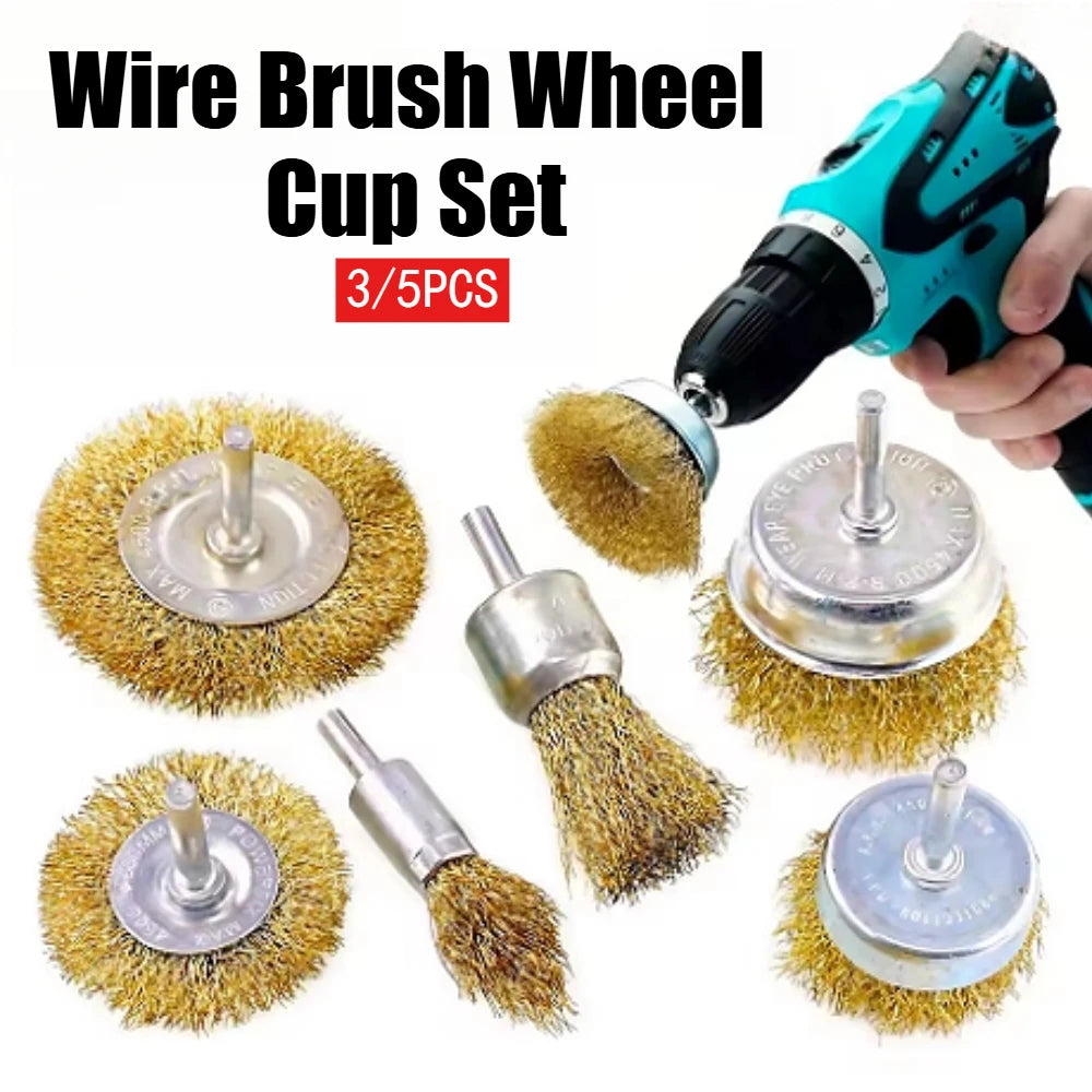 A set of three wire brush wheels and a power tool for rust removal and polishing.