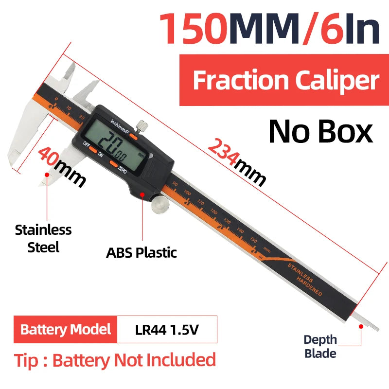 Calibrador de fracción negro con cuerpo de acero inoxidable y componentes de plástico ABS, junto a una regla.
