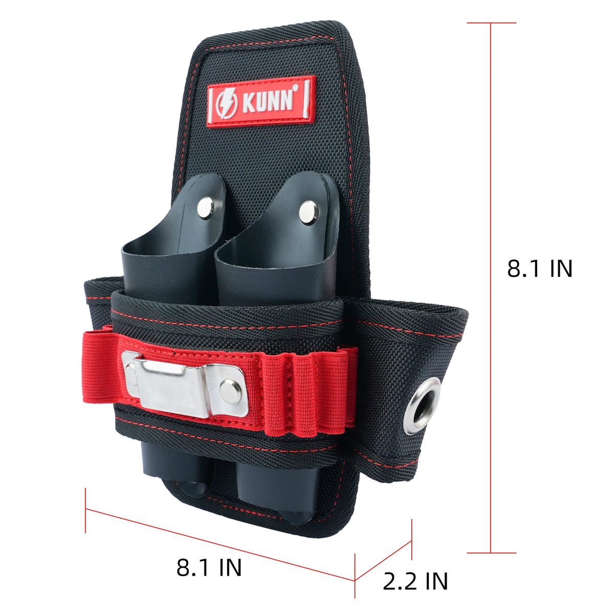 A black utility tool pouch with a red belt clip and magnetic closure, shown with dimensions.