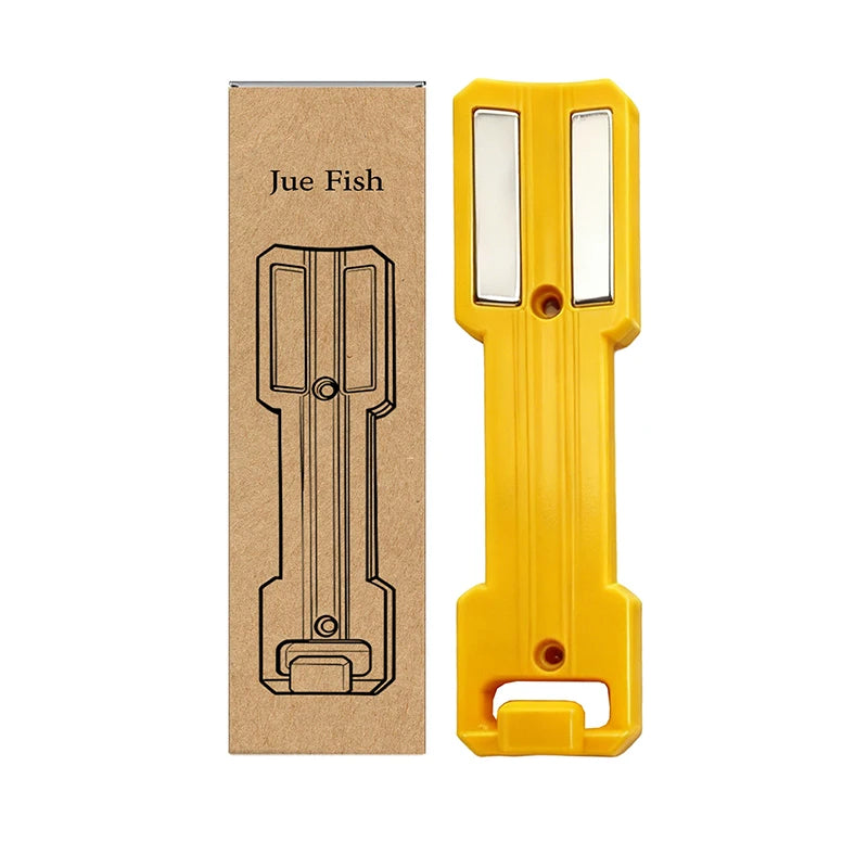A yellow magnetic spray can holder with a clear plastic insert is shown next to its cardboard packaging.