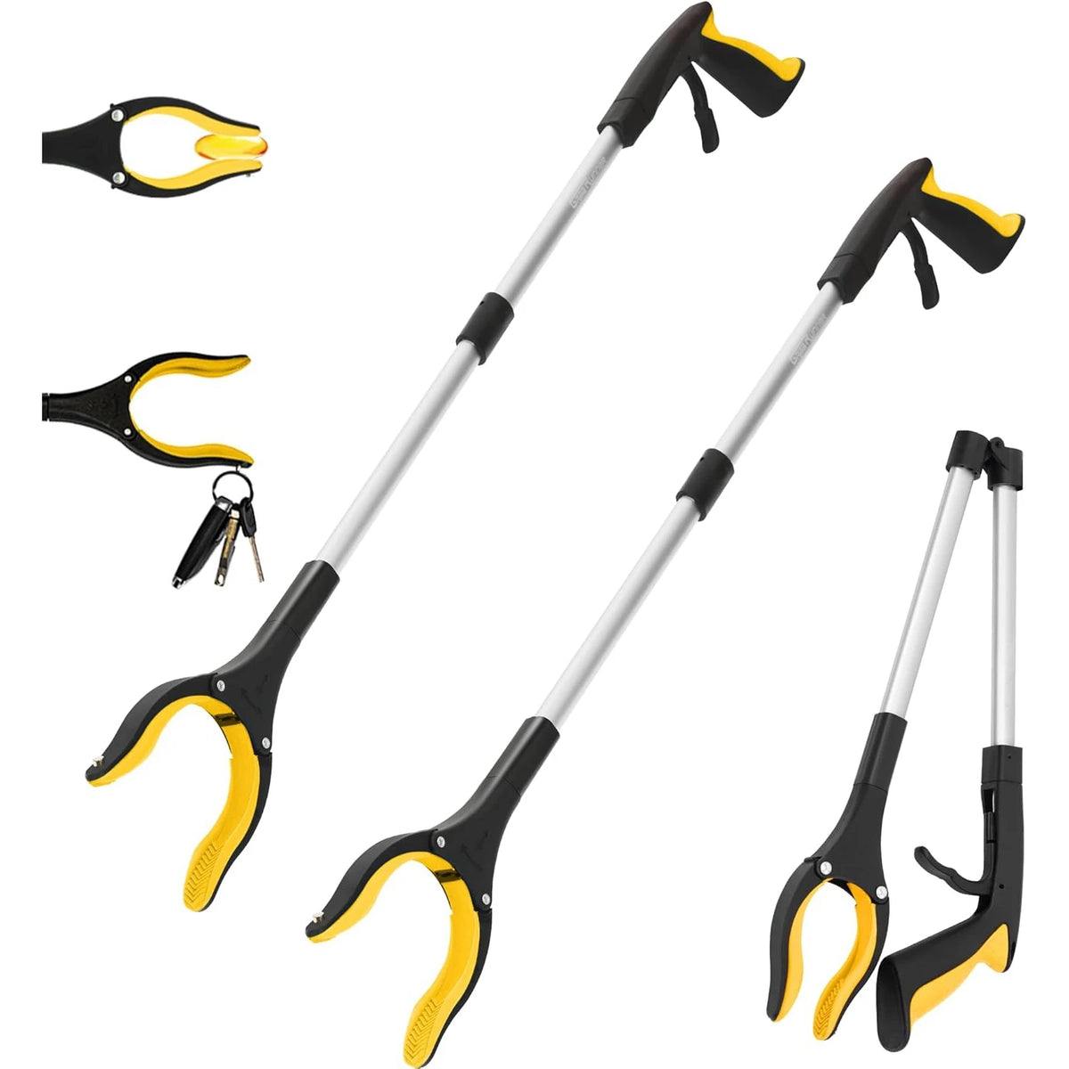 A set of black and yellow foldable silicone garbage grabber tools with long handles.